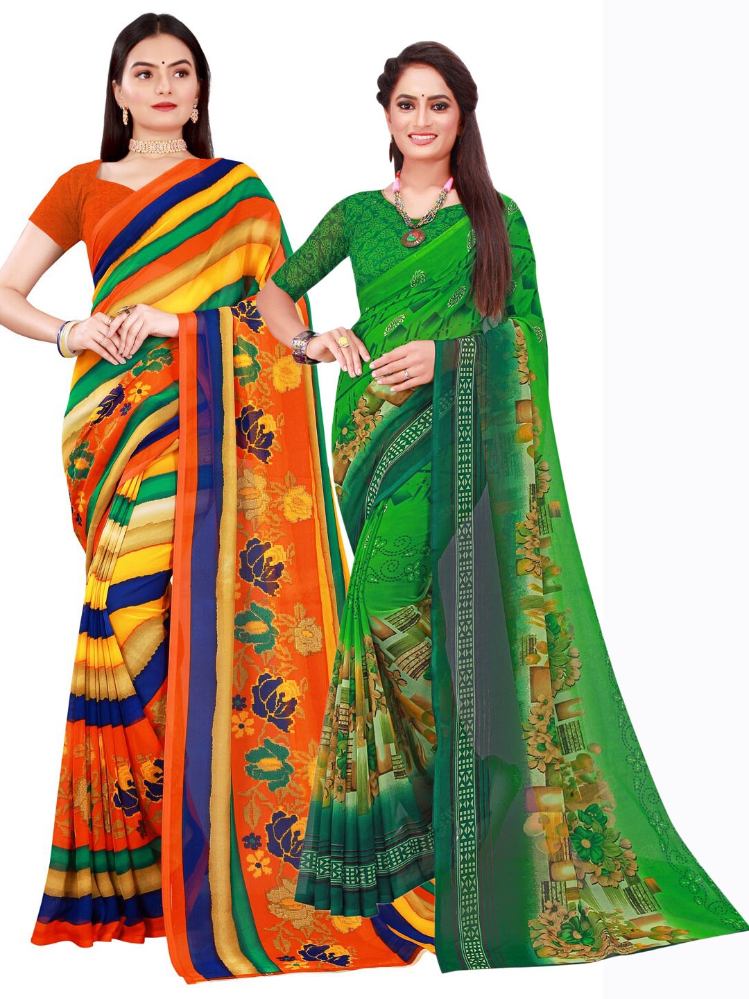 

Florence Green & Multicoloured Pack of 2 Printed Pure Georgette Sarees