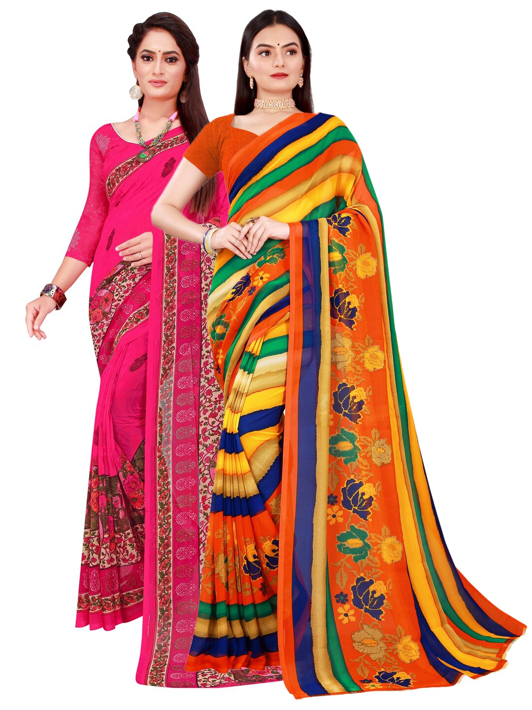

Florence Pink & Multicoloured Striped Pack of 2 Pure Georgette Saree