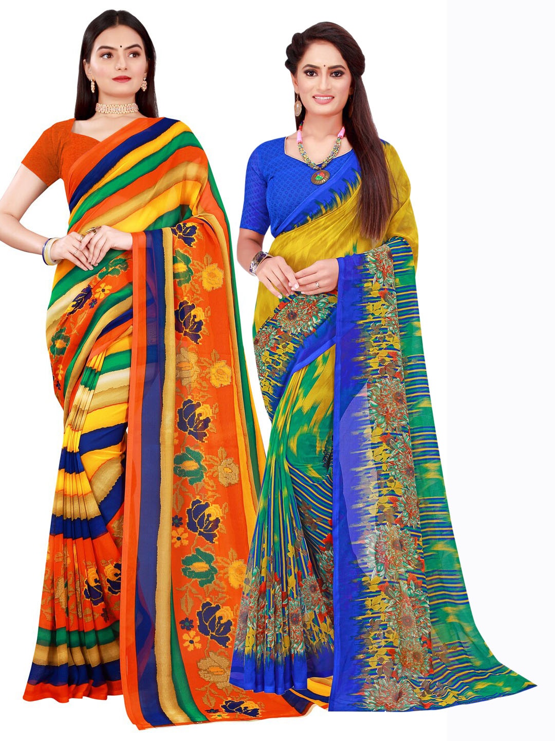 

Florence Orange & Blue Floral Pure Georgette Saree