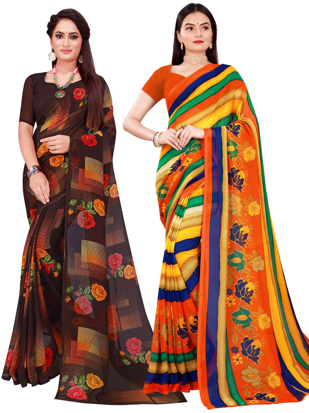 

Florence Yellow & Black Pack of 2 Printed Pure Georgette Saree