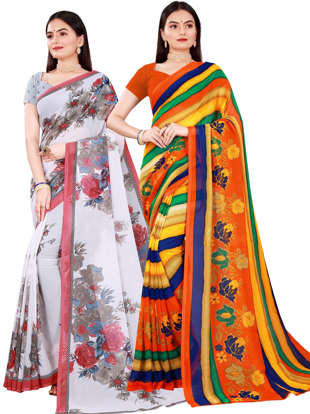 

Florence Yellow & White Pack of 2 Printed Pure Georgette Saree