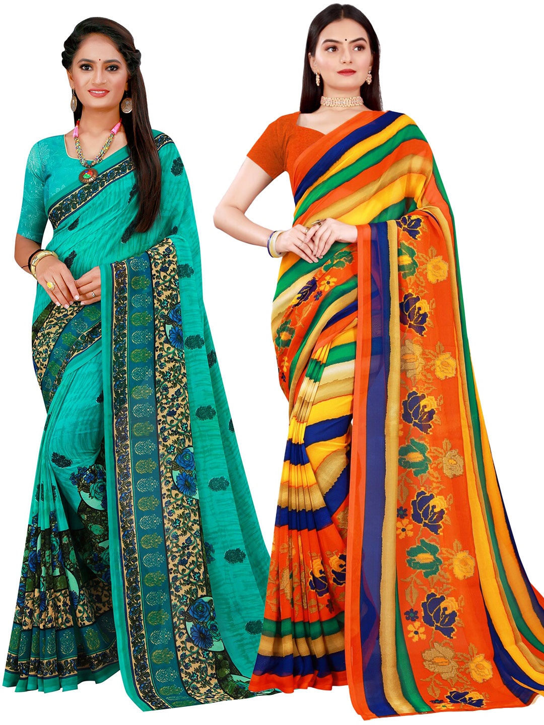 

Florence Pack of 2 Turquoise Blue & Yellow Floral Pure Georgette Sarees