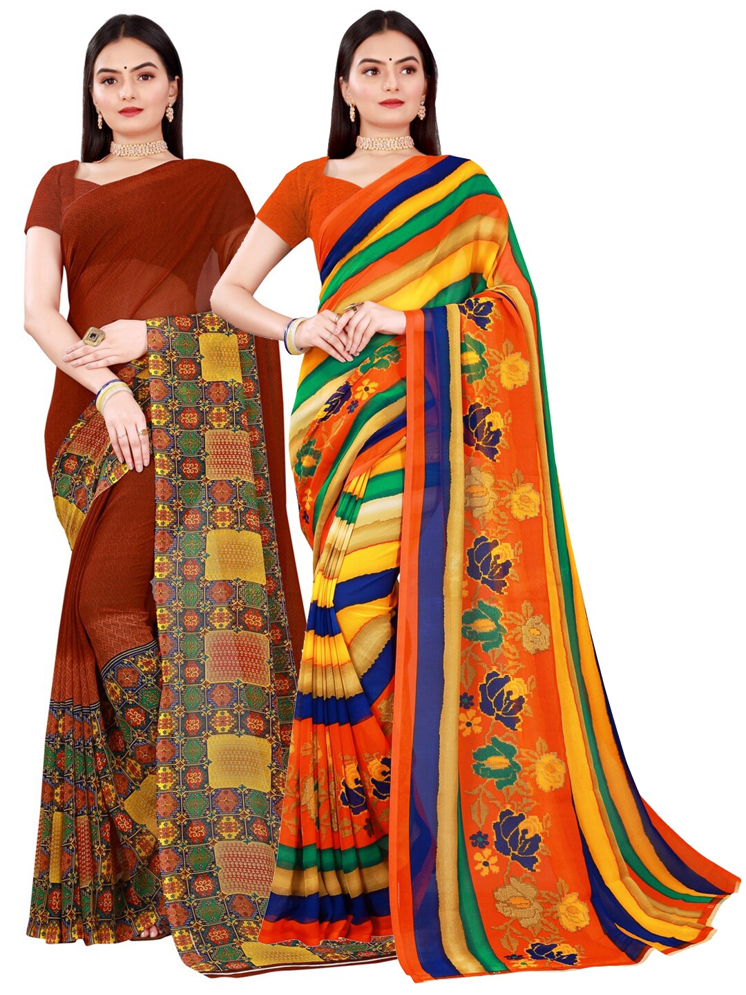 

Florence Brown & Multicoloured Pack Of 2 Printed Pure Georgette Sarees