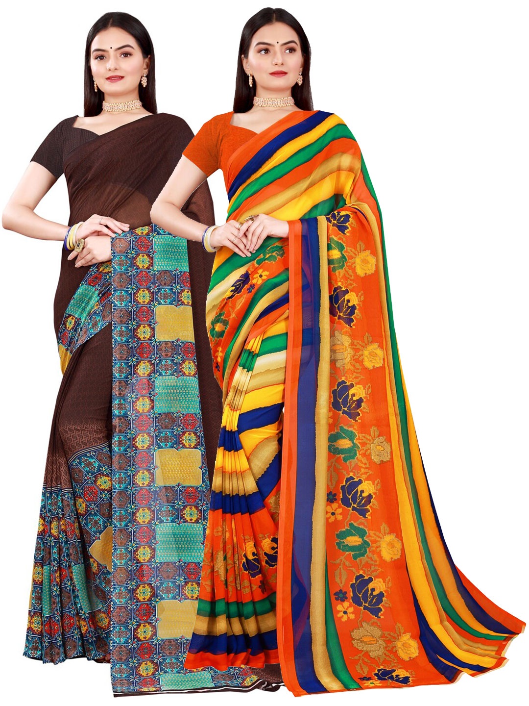 

Florence Set Of 2 Multicoloured Floral Pure Georgette Saree, Multi