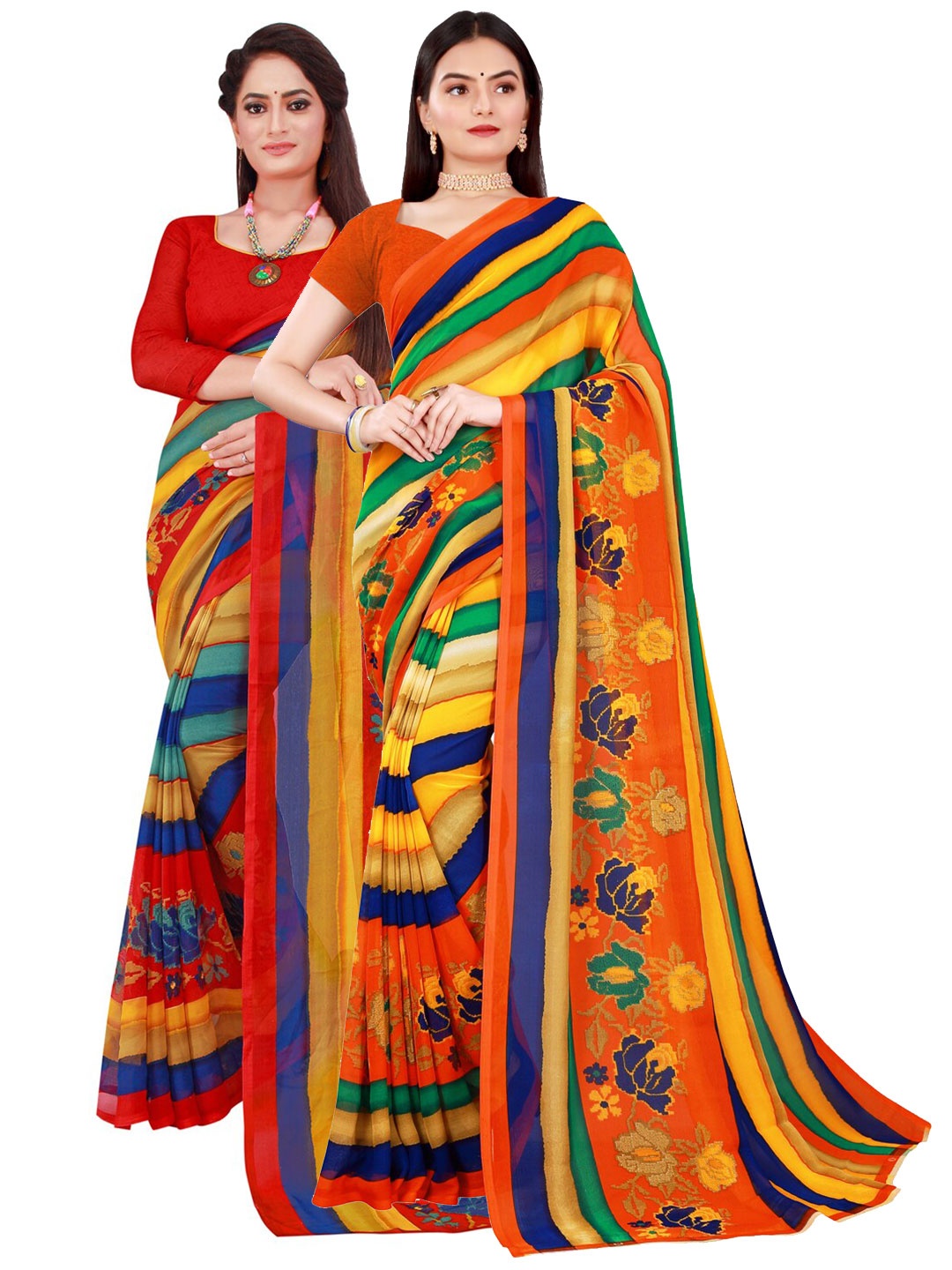 

Florence Red & Multicoloured Striped Pack of 2 Pure Georgette Saree