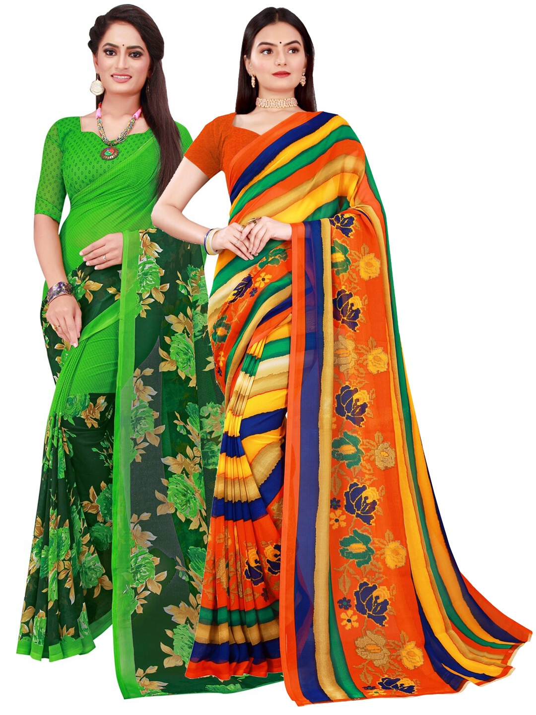 

Florence Pack of 2 Green & Yellow Floral Pure Georgette Sarees