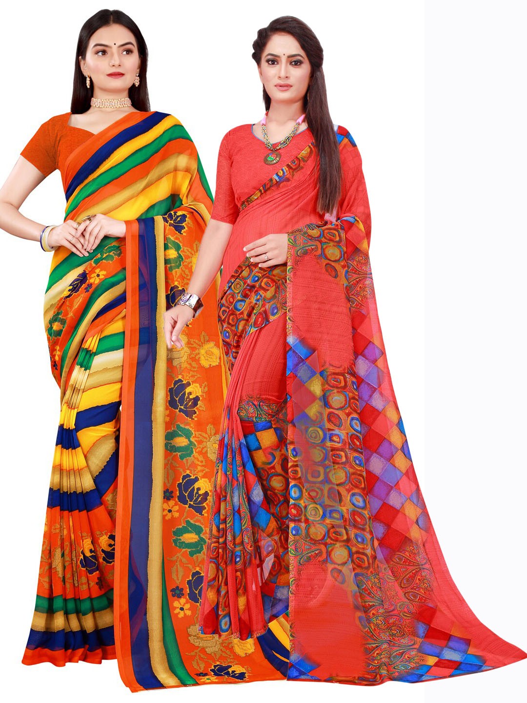

Florence Orange & Pink Pack of 2 Printed Pure Georgette Saree