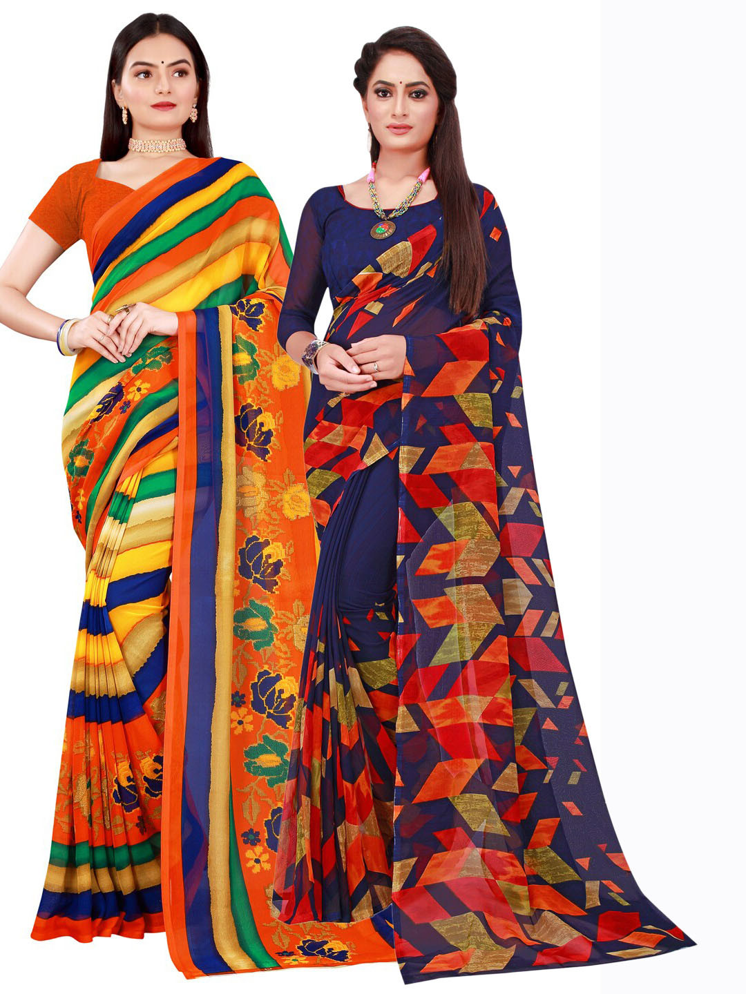 

Florence Pack of 2 Navy Blue & Yellow Printed Pure Georgette Saree