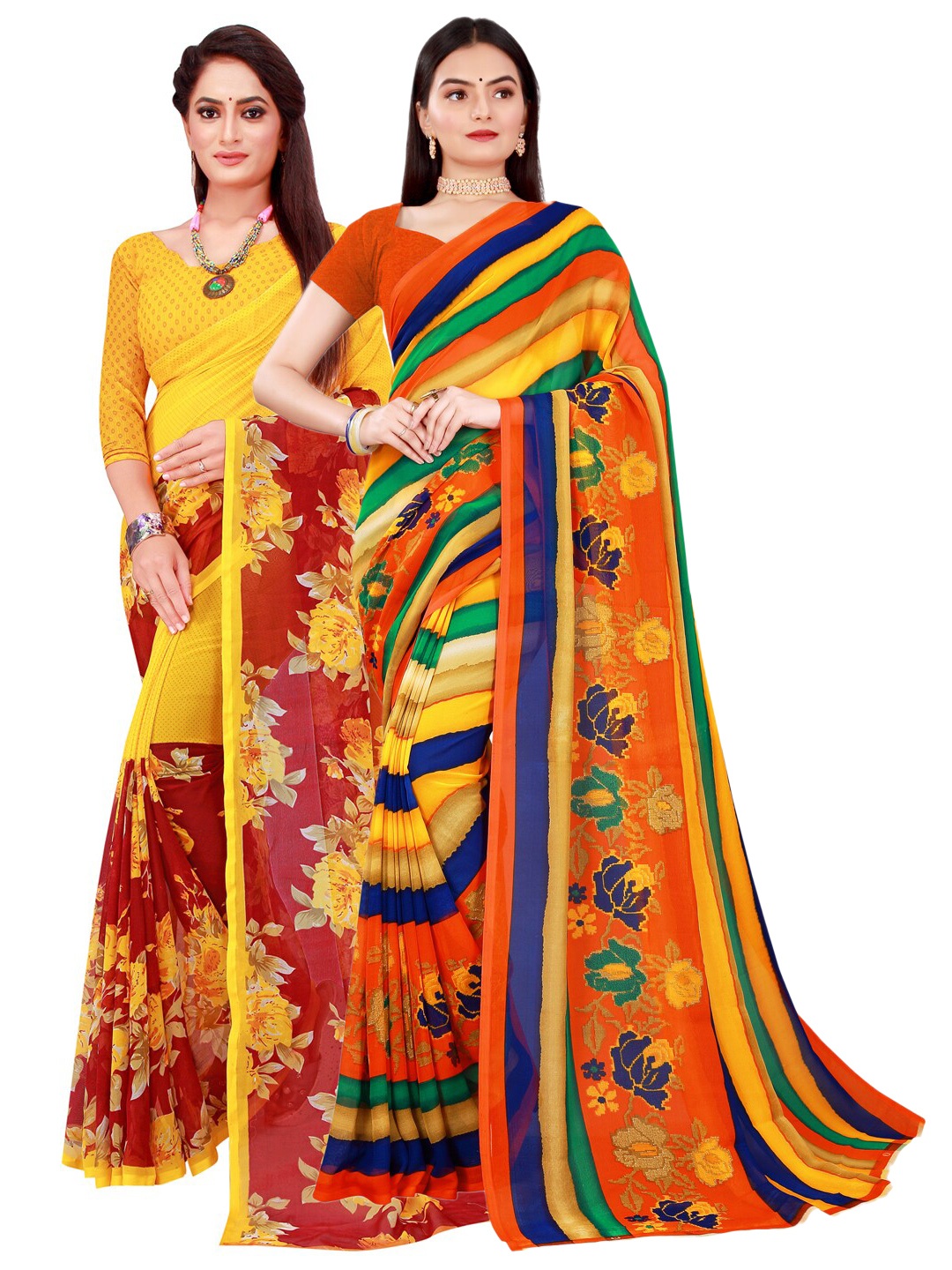 

Florence Yellow & Red Pack of 2 Pure Georgette Saree