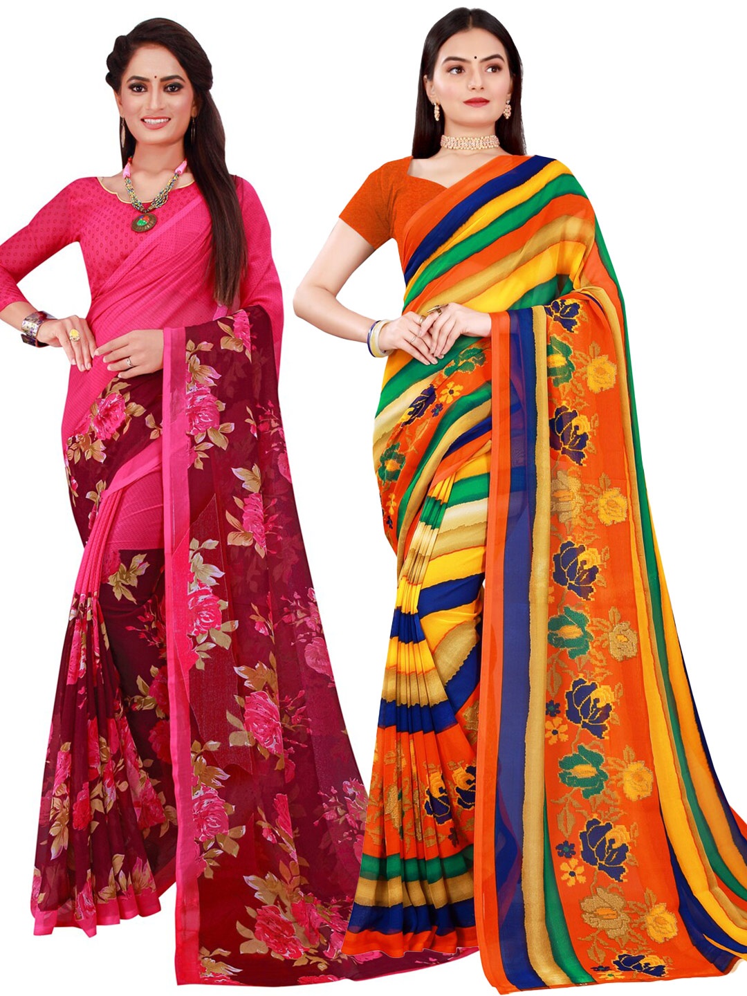 

Florence Pink & Orange Floral Pure Georgette Saree Pack Of 2