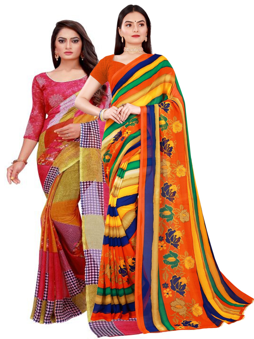 

Florence Red & Orange Set Of 2 Pure Georgette Saree