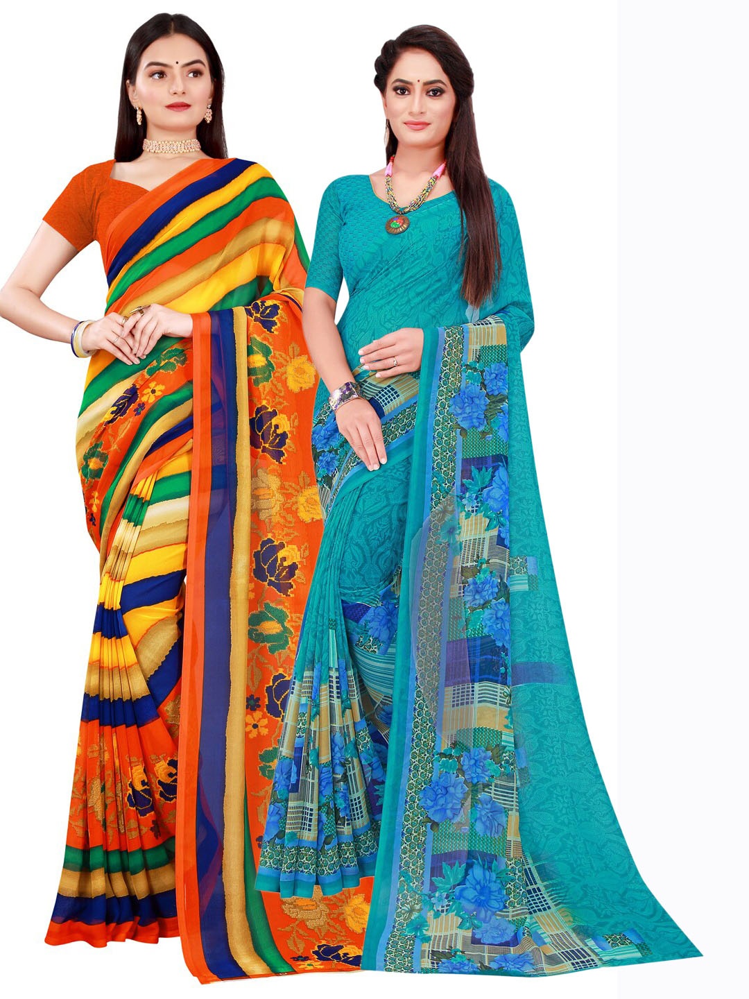 

Florence Pack of 2 Blue & Orange Pure Georgette Sarees