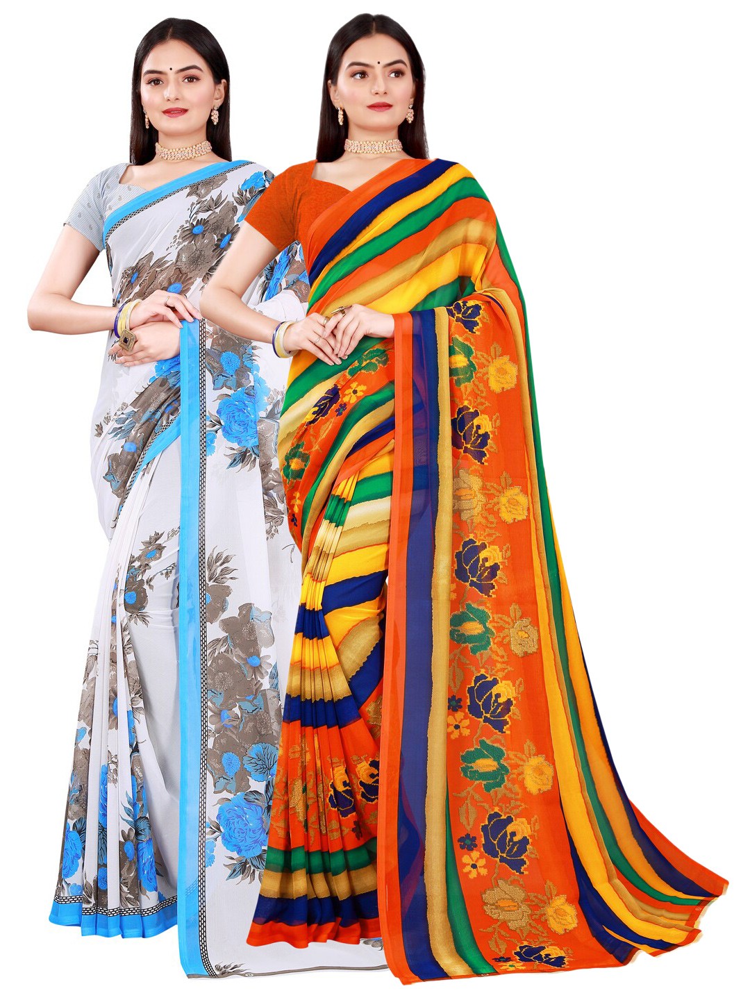

Florence Pack of 2 Orange & Grey Floral Printed Pure Georgette Saree
