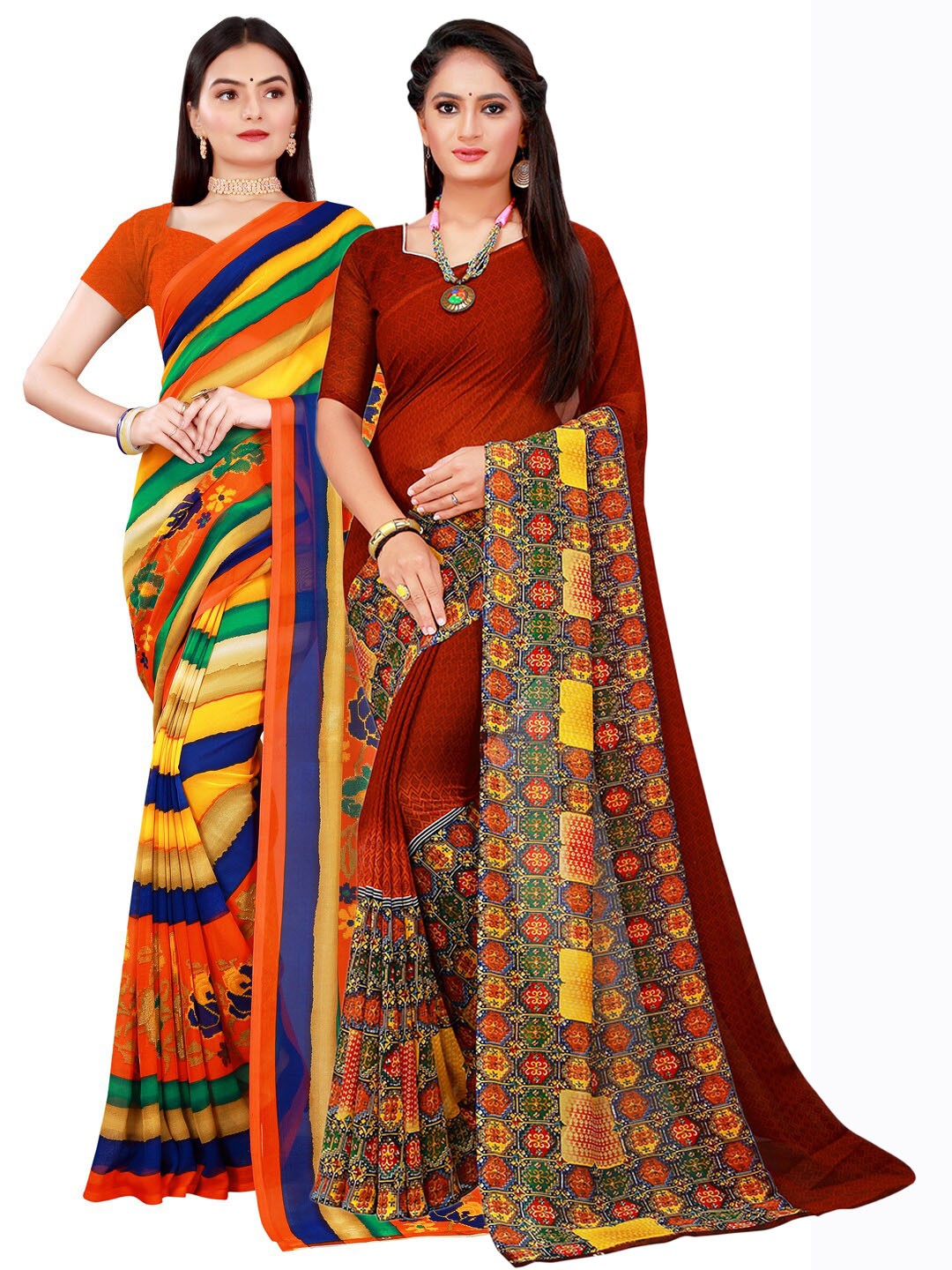 

Florence Brown & Multicoloured Pack of 2 Printed Pure Georgette Sarees