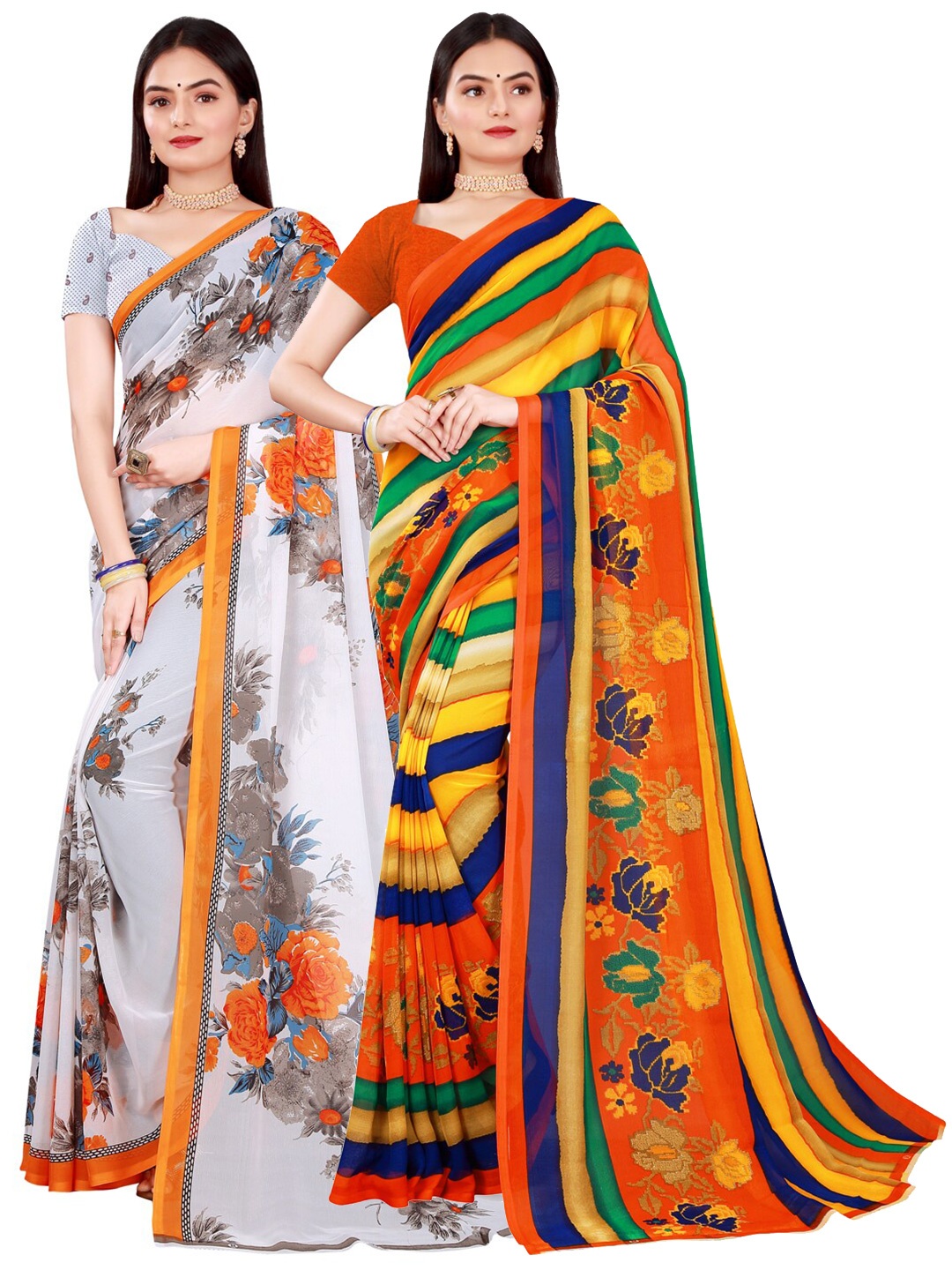 

Florence White & Multicoloured Striped Pack of 2 Pure Georgette Saree