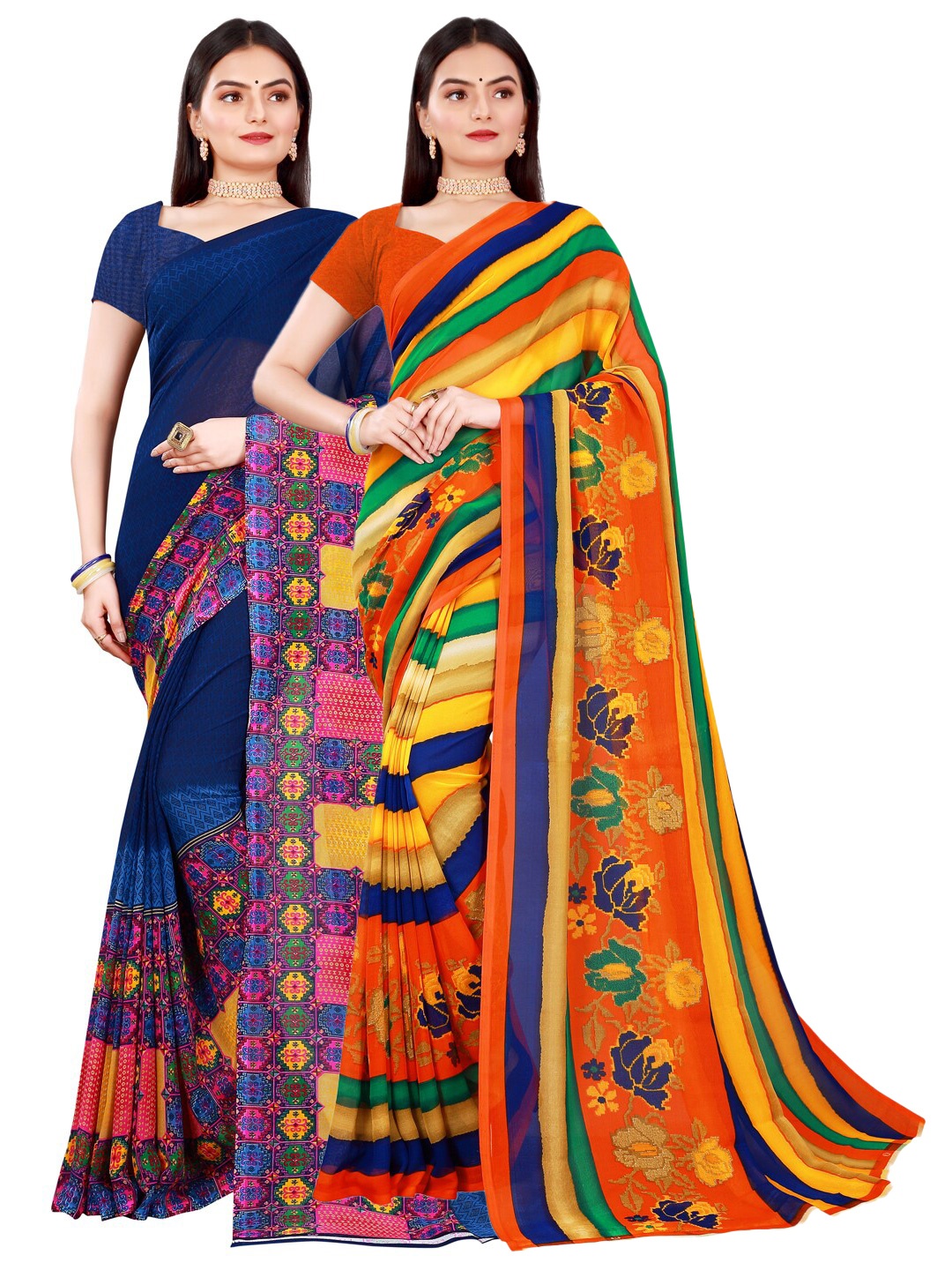 

Florence Blue & Orange Pack of 2 Printed Pure Georgette Saree