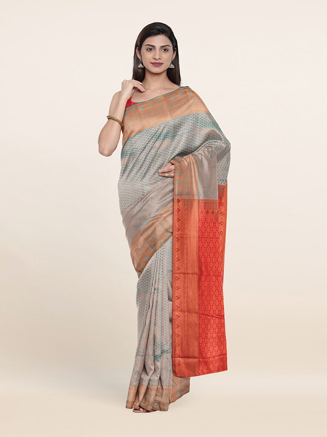 

Pothys Sea Green & Red Ethnic Motifs Zari Pure Silk Saree