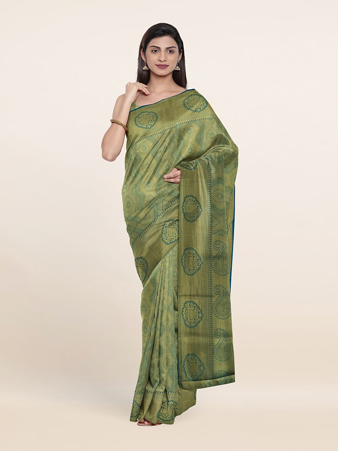 

Pothys Green & Gold-Toned Woven Design Zari Pure Silk Saree