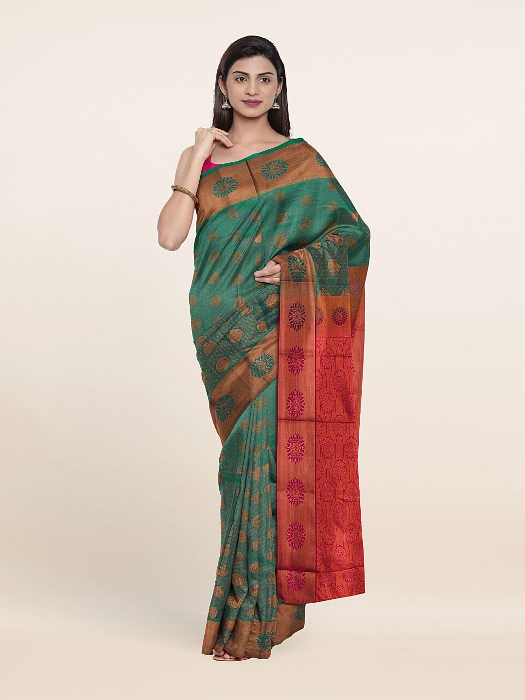 

Pothys Green & Red Ethnic Motifs Pure Silk Saree
