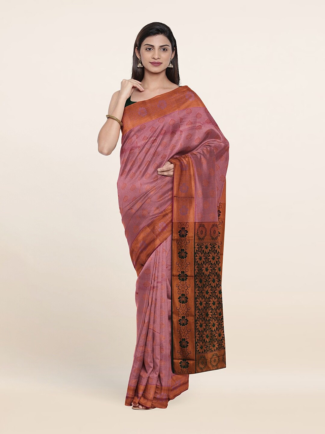 

Pothys Pink & Green Floral Zari Pure Silk Saree