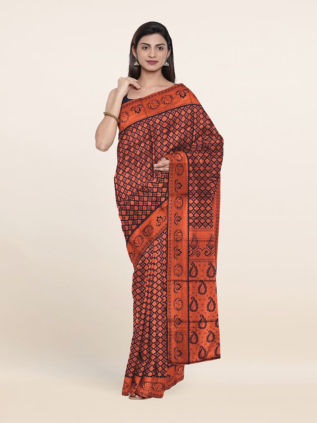 

Pothys Navy Blue & Copper-Toned Woven Design Pure Silk Saree