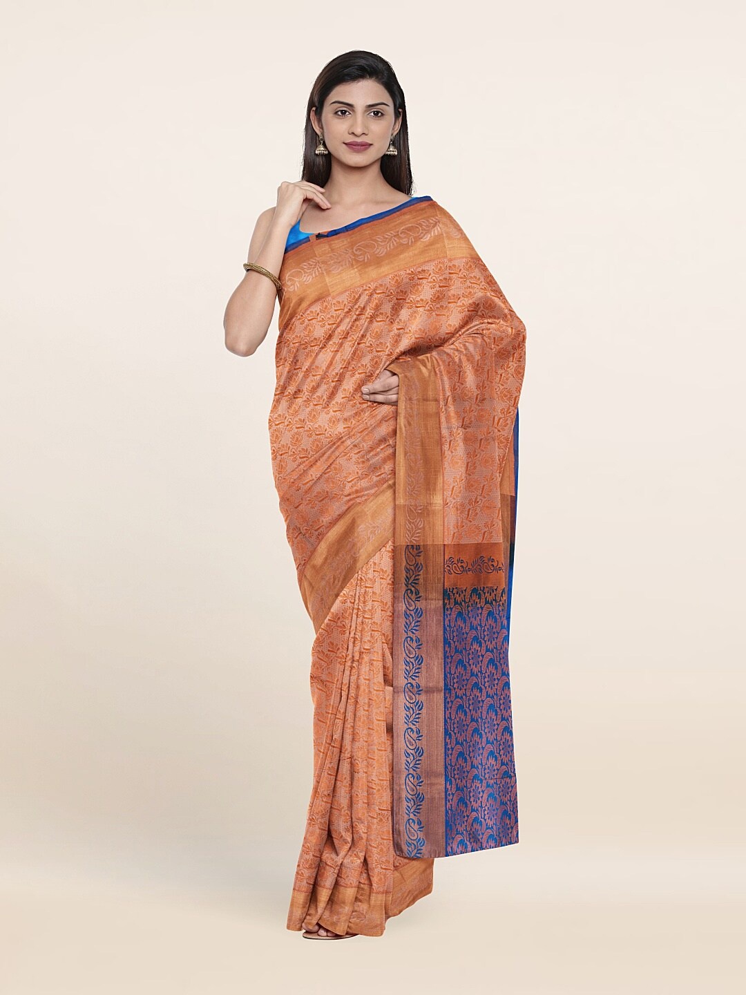 

Pothys Peach-Coloured & Blue Woven Design Zari Pure Silk Saree