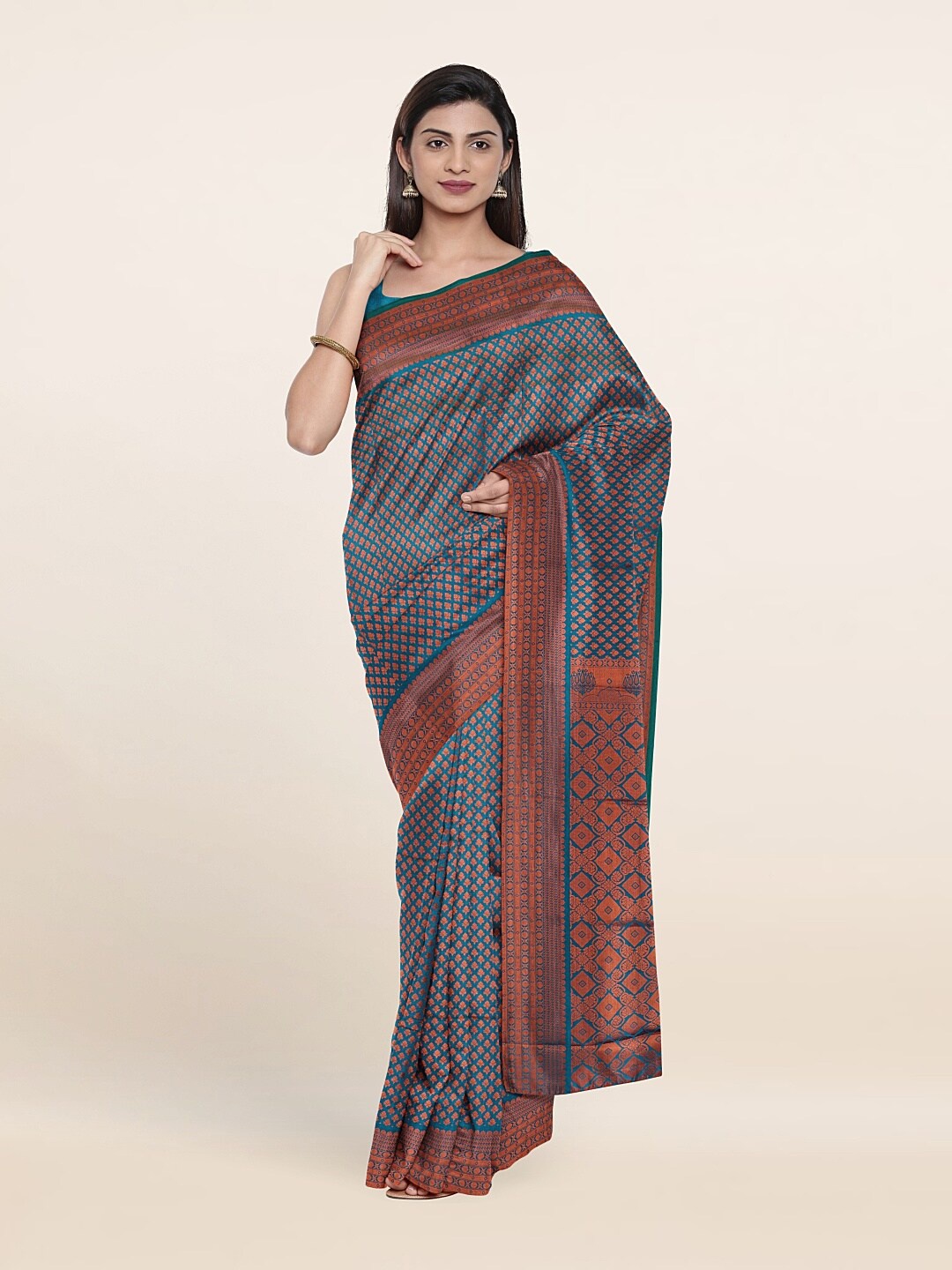

Pothys Blue & Copper-Toned Ethnic Motifs Zari Pure Silk Saree