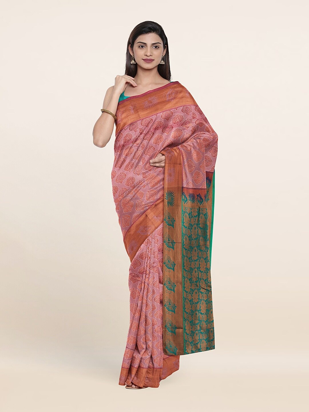 

Pothys Pink & Copper-Toned Woven Design Zari Pure Silk Saree