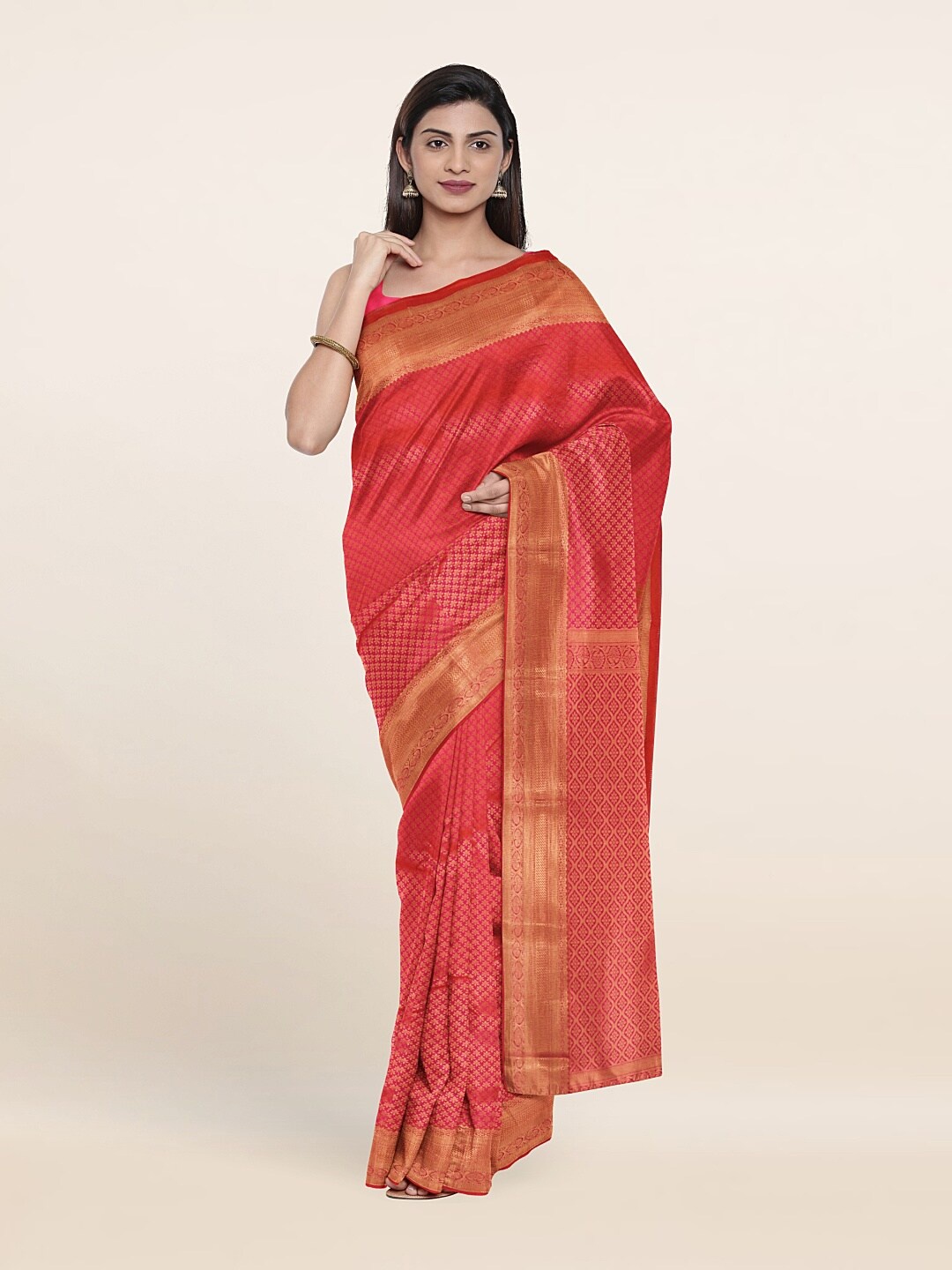 

Pothys Pink & Golden Ethnic Motifs Zari Pure Silk Saree