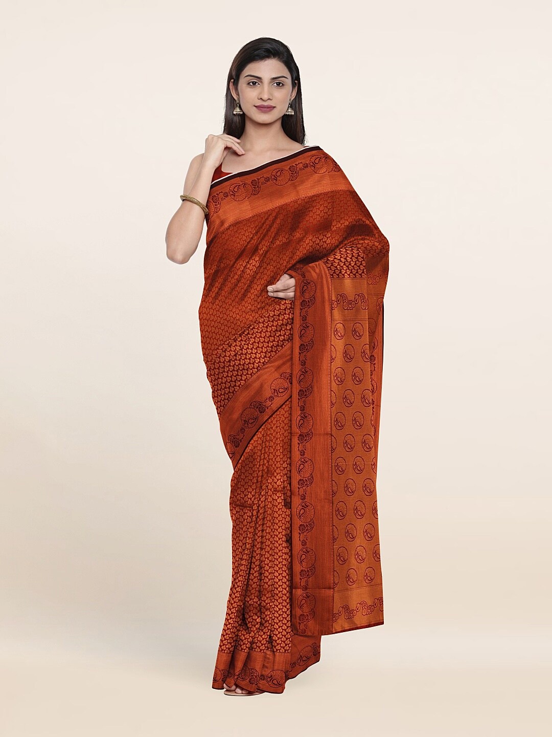 

Pothys Rust Red & Gold-Toned Ethnic Motifs Pure Silk Saree