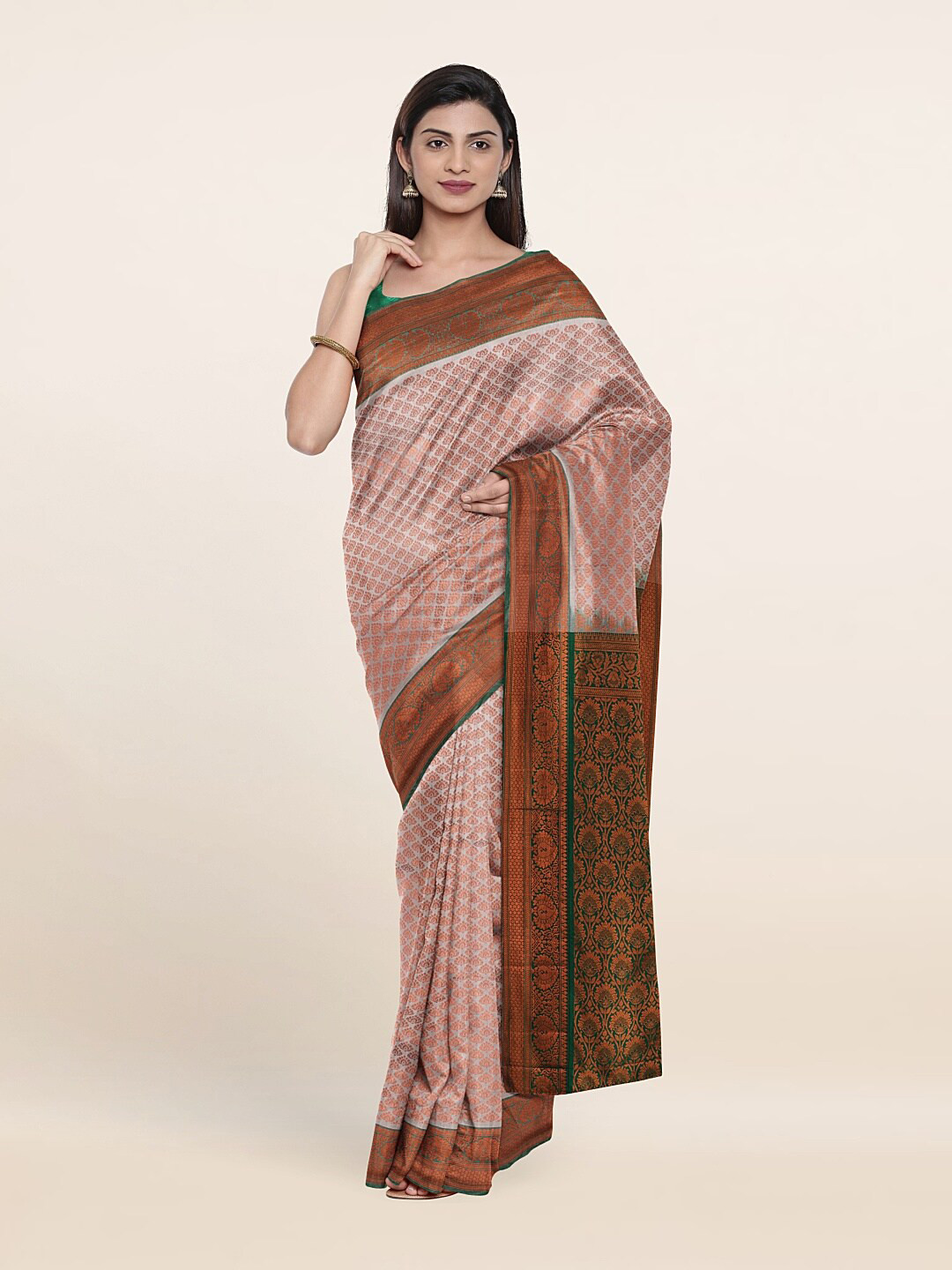 

Pothys Cream-Coloured & Green Woven Design Pure Silk Saree