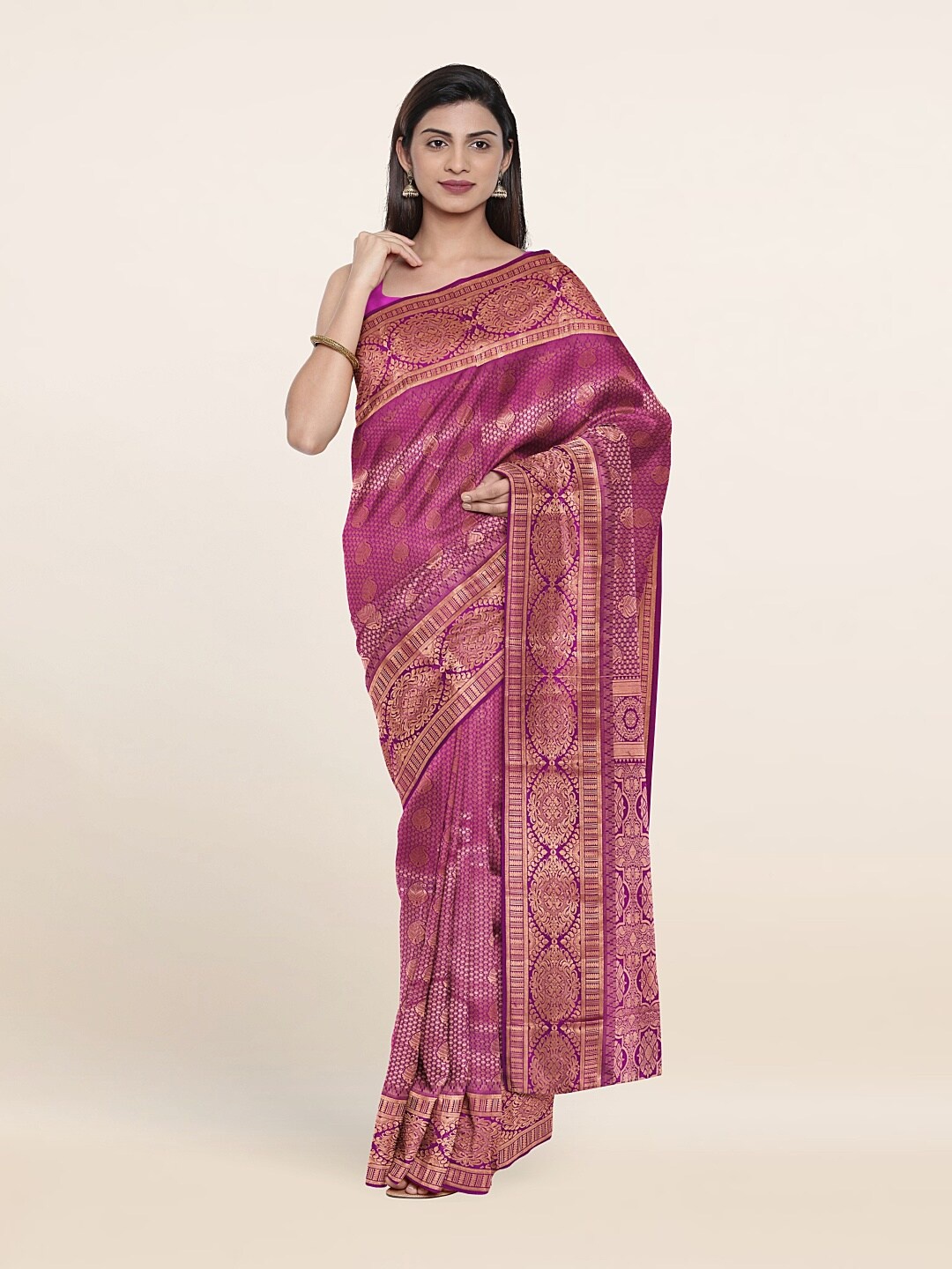 

Pothys Purple & Gold-Toned Ethnic Motifs Woven Design Zari Pure Silk Saree