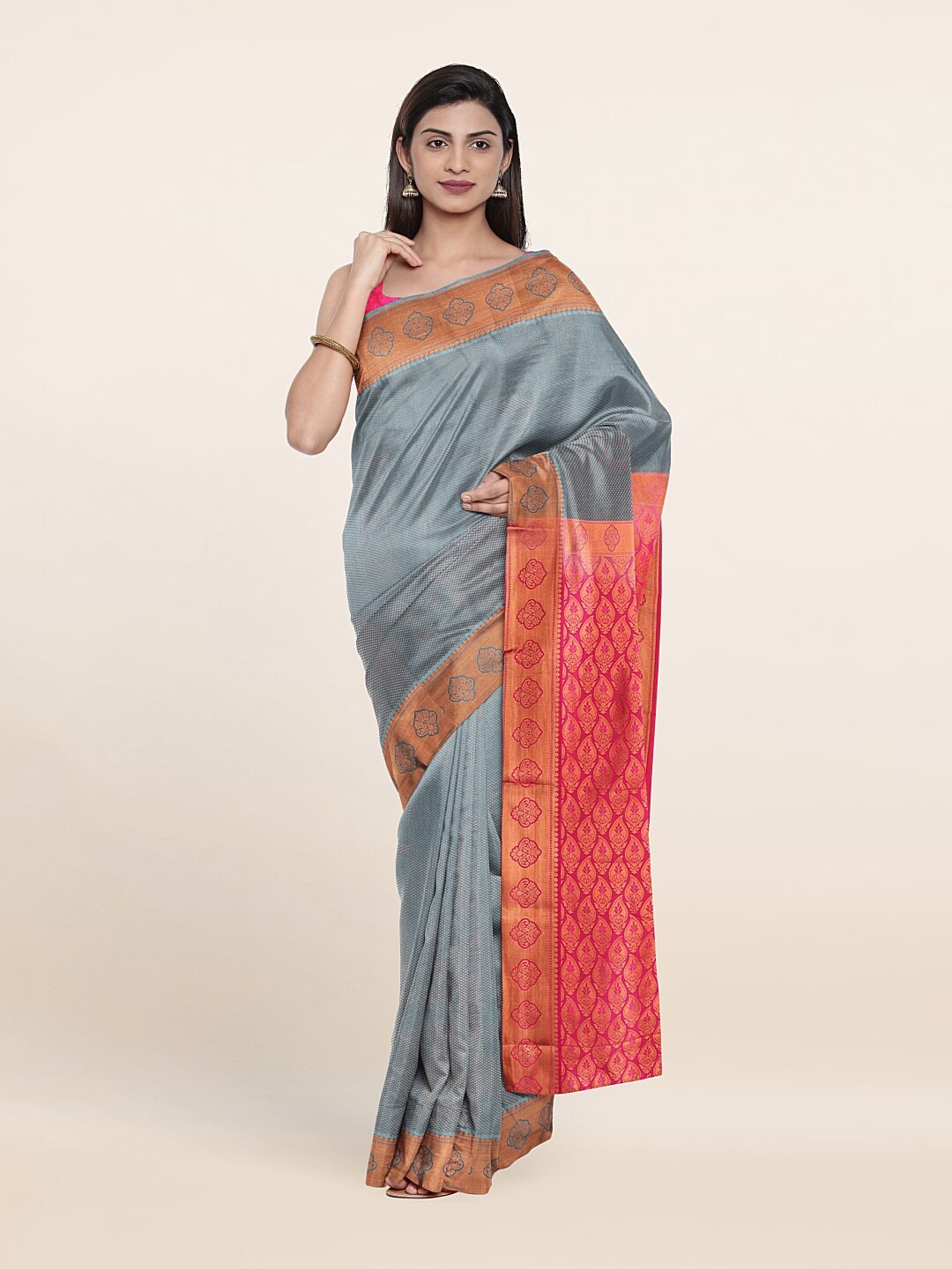 

Pothys Blue & Pink Woven Design Pure Silk Saree