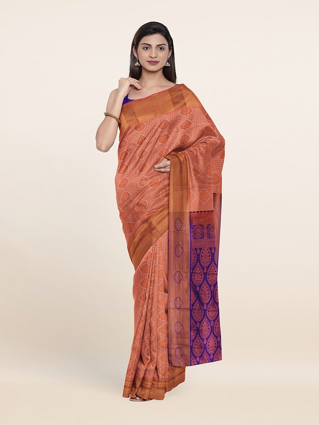 

Pothys Peach-Coloured & Navy Blue Woven Design Pure Silk Saree
