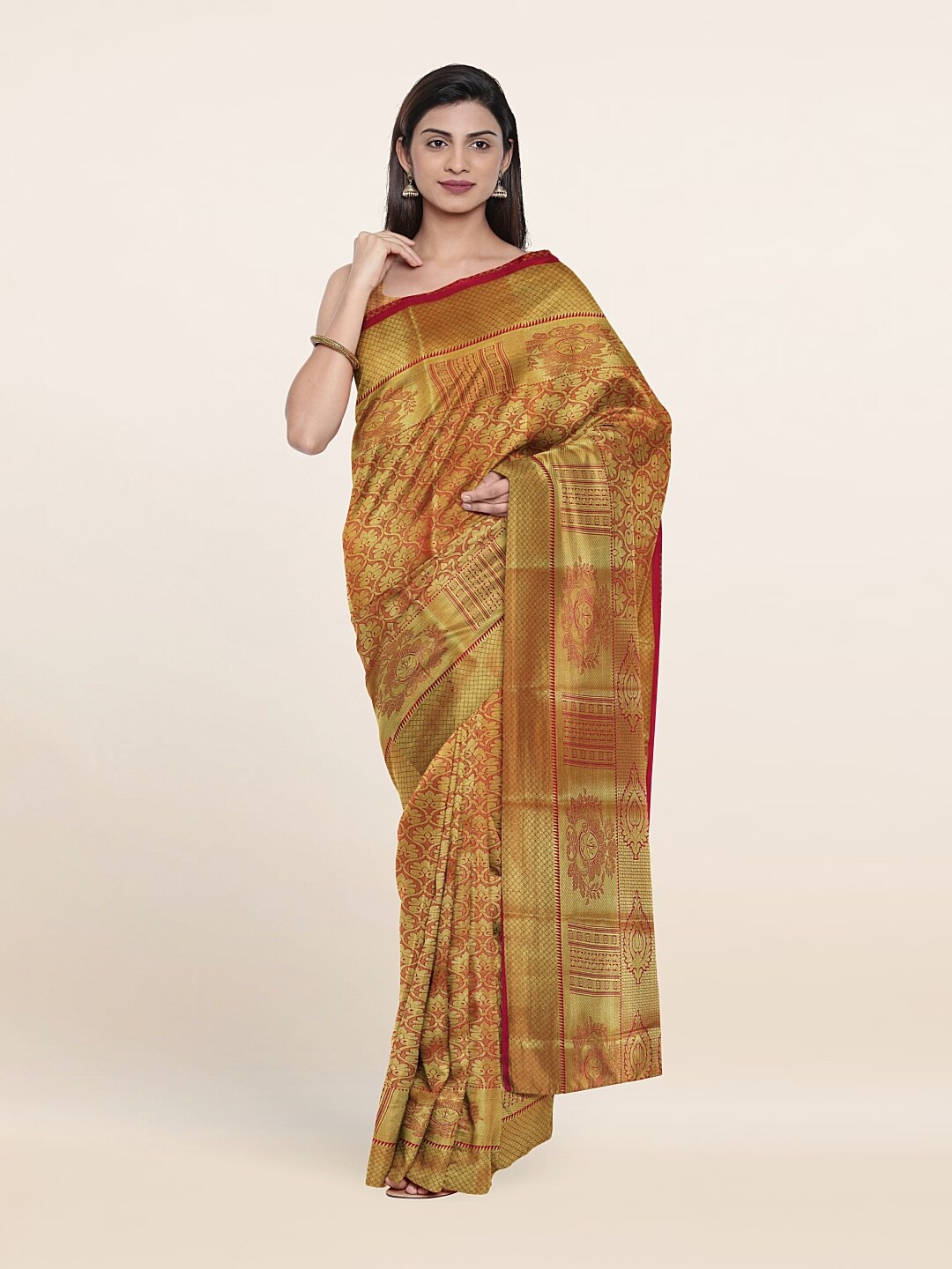 

Pothys Pink & Gold-Toned Ethnic Motifs Woven Design Zari Pure Silk Saree
