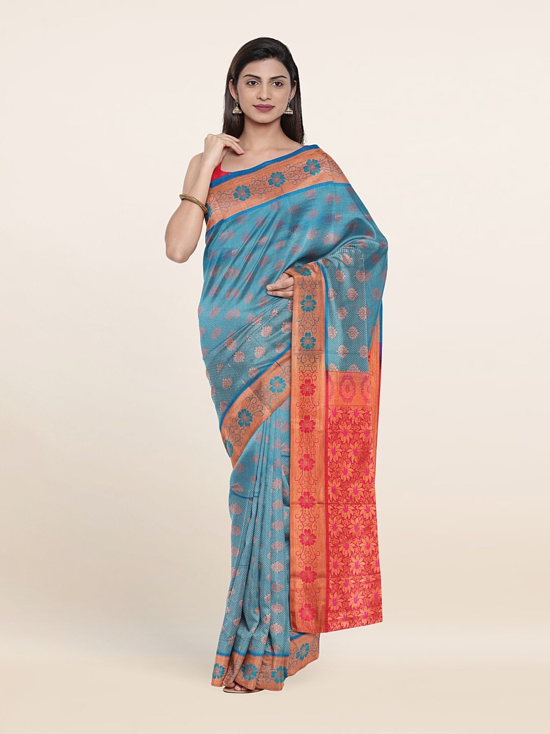 

Pothys Blue & Red Woven Design Pure Silk Saree