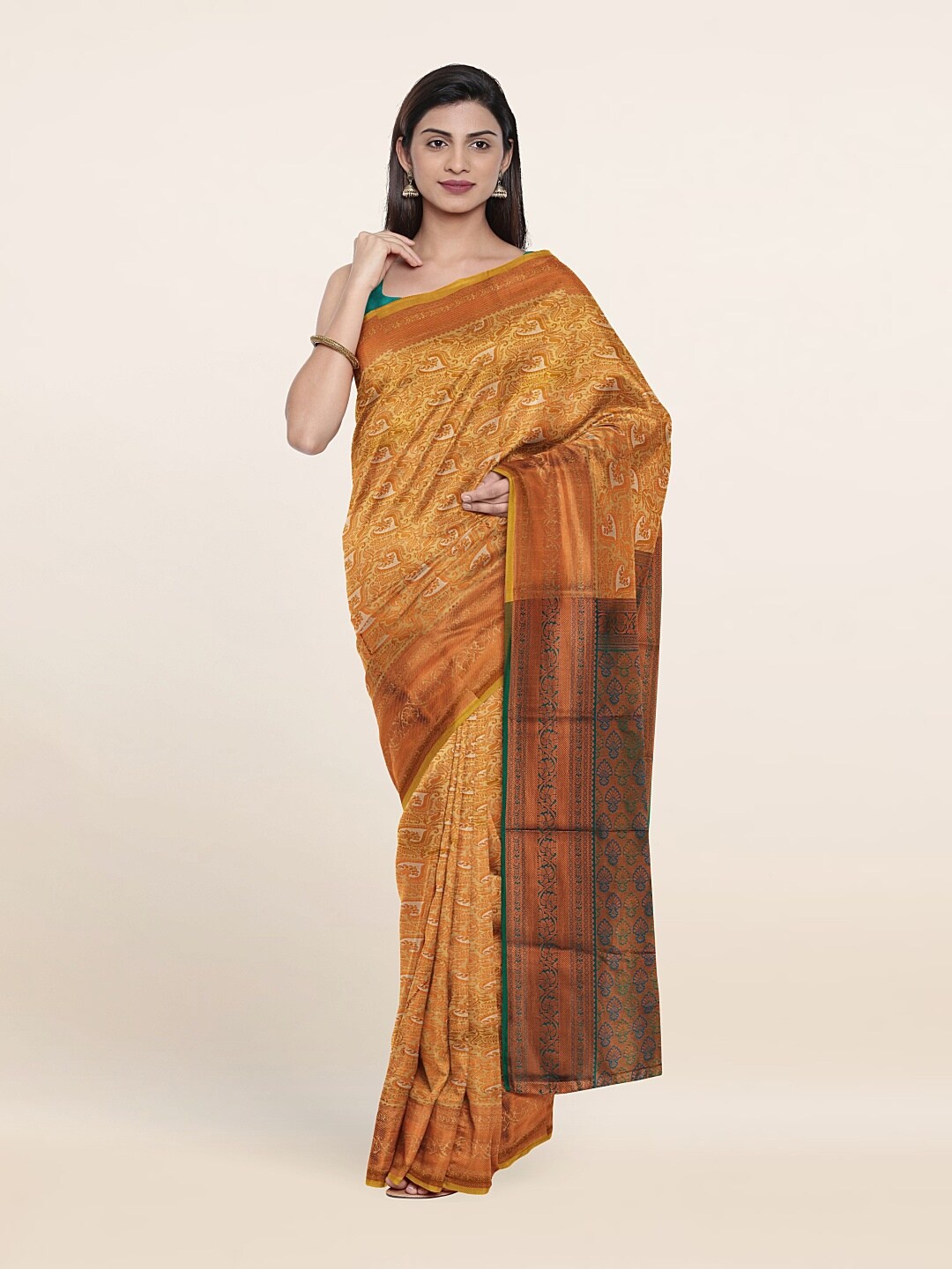 

Pothys Gold-Toned & Green Woven Design Zari Pure Silk Saree