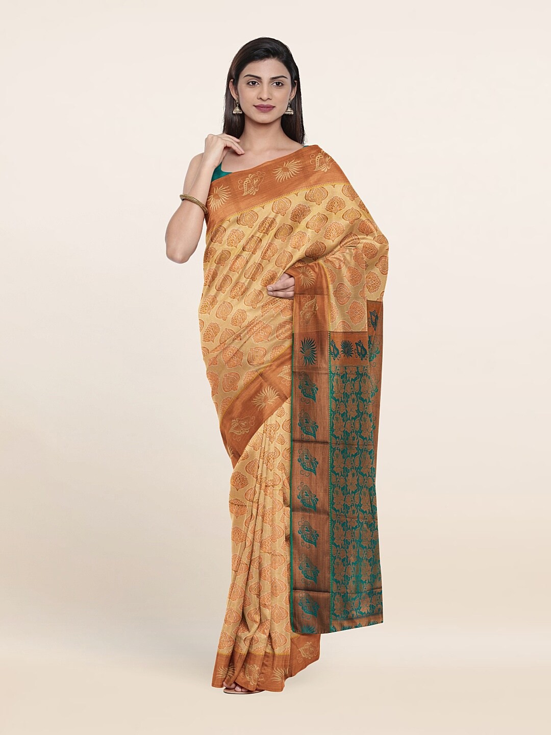 

Pothys Cream-Coloured & Green Woven Design Zari Pure Silk Saree