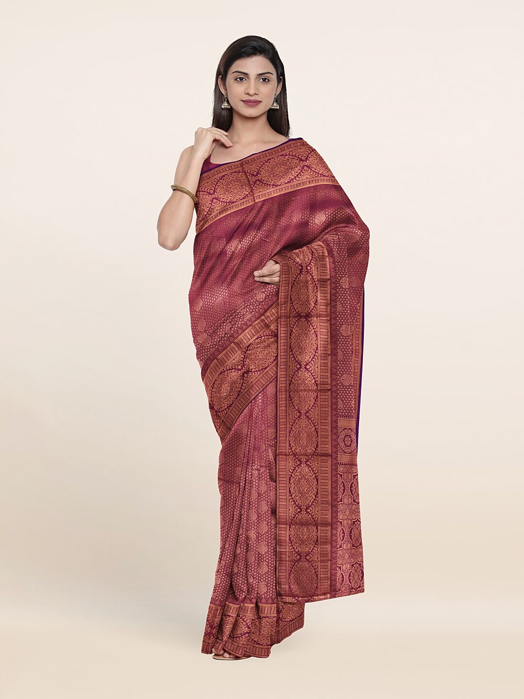 

Pothys Purple & Gold-Toned Ethnic Motifs Zari Pure Silk Saree