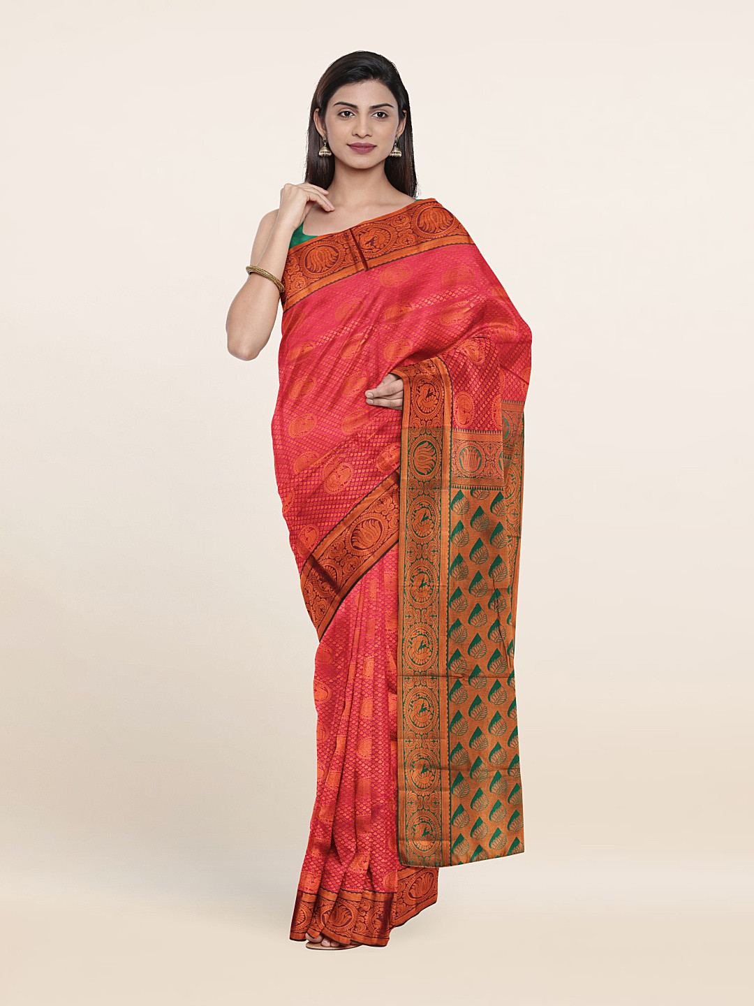 

Pothys Pink & Green Woven Design Zari Pure Silk Saree