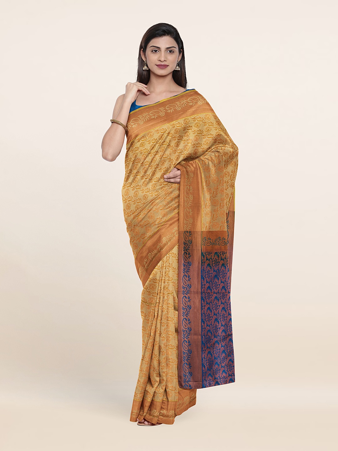 

Pothys Gold-Toned & Blue Floral Zari Pure Silk Saree