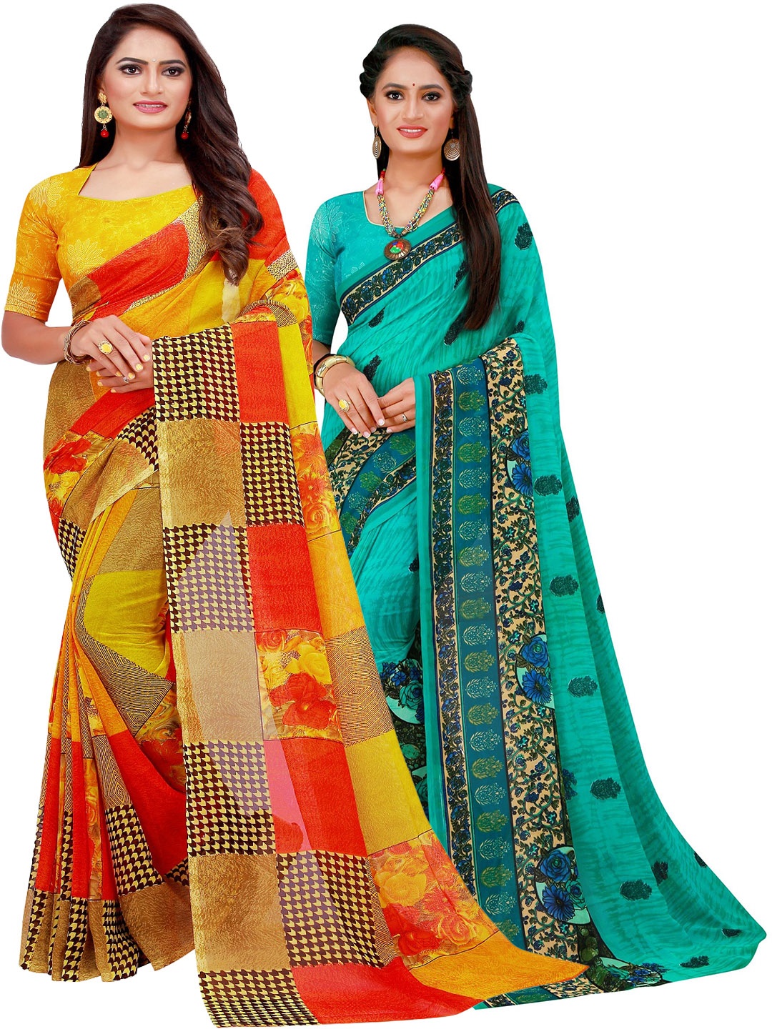 

KALINI Turquoise Blue & Orange Pure Georgette Saree