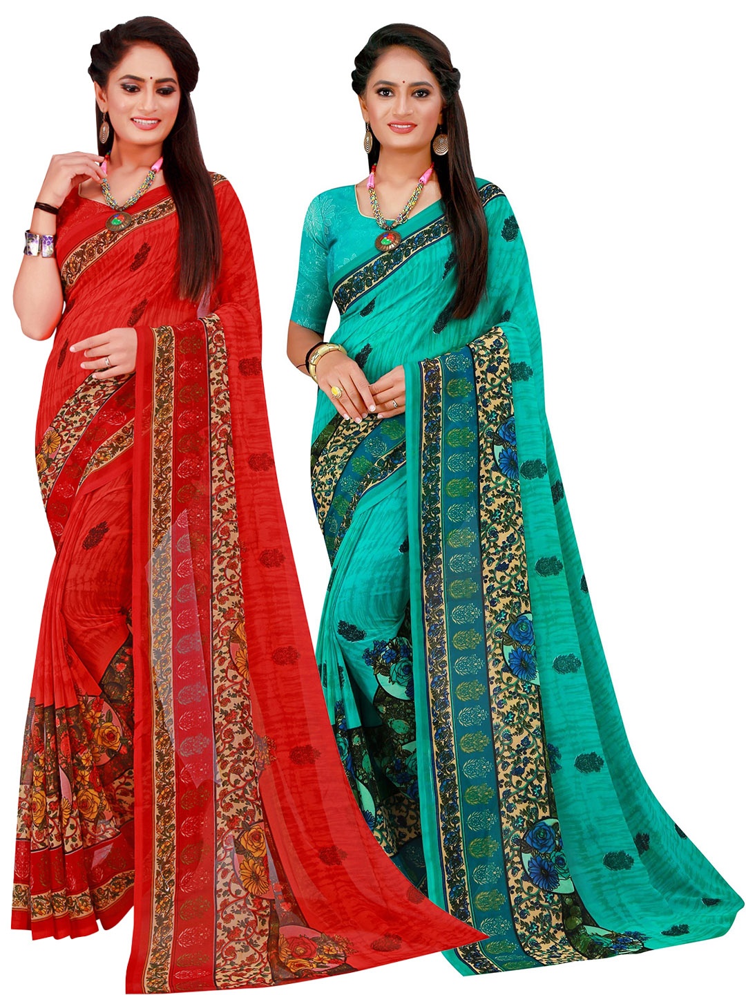 

KALINI Turquoise Blue & Red Floral Pure Georgette Saree
