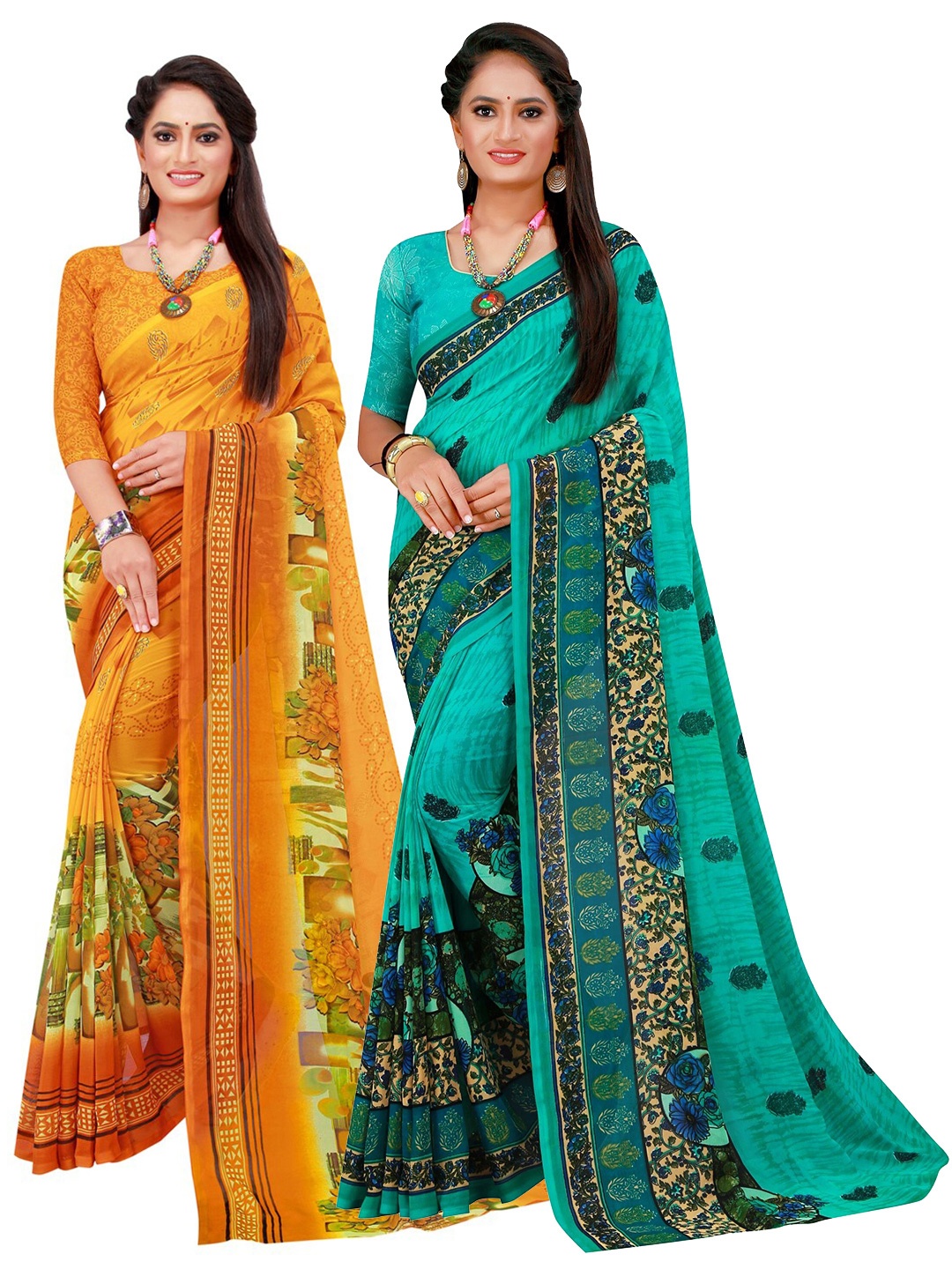 

KALINI Turquoise Blue & Orange Set Of 2 Floral Pure Georgette Saree