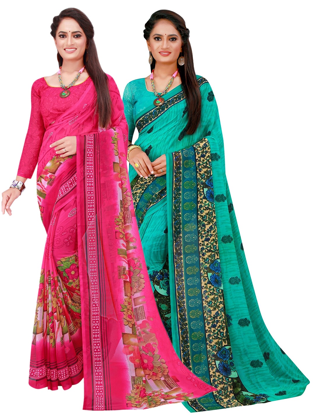 

KALINI Set Of 2 Turquoise Blue & Magenta Floral Pure Georgette Saree