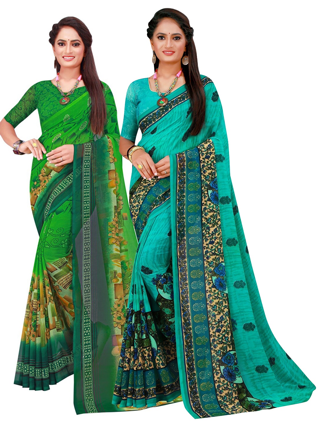 

KALINI Turquoise Blue & Green Set Of 2 Floral Pure Georgette Saree