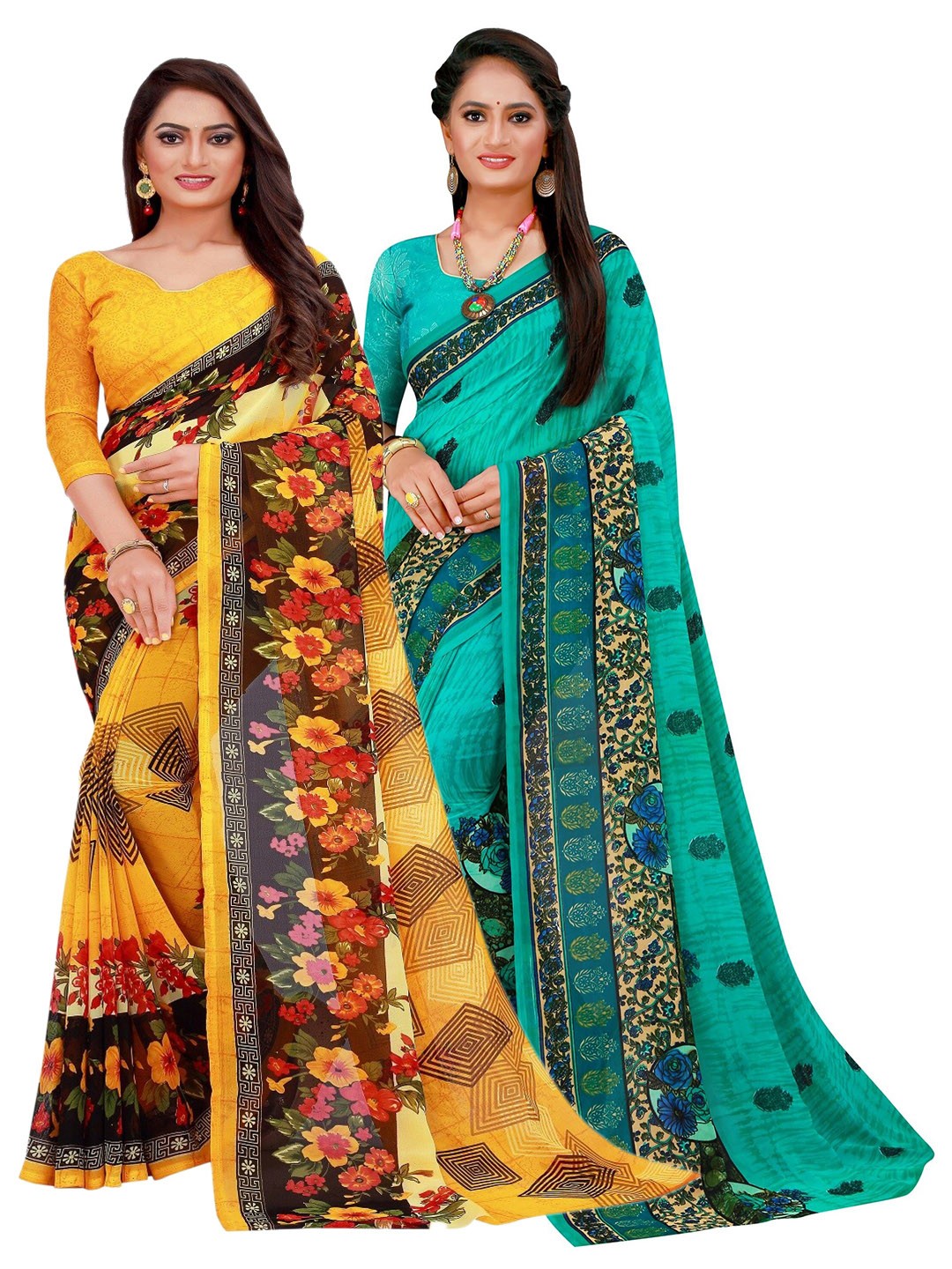 

KALINI Yellow & Turquoise Blue Set Of 2 Pure Georgette Saree