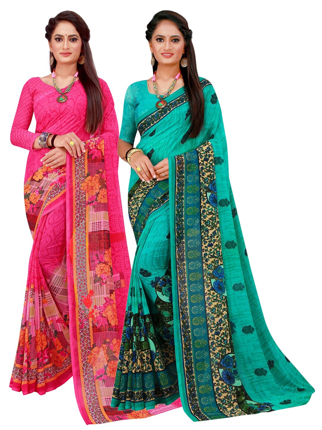 

KALINI Pink & Green Set Of 2 Pure Georgette Saree