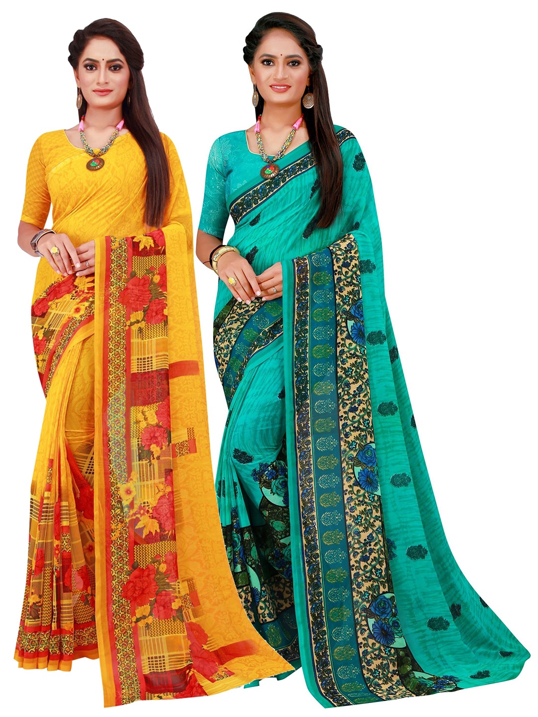 

KALINI Pack Of 2 Yellow & Blue Floral Pure Georgette Saree
