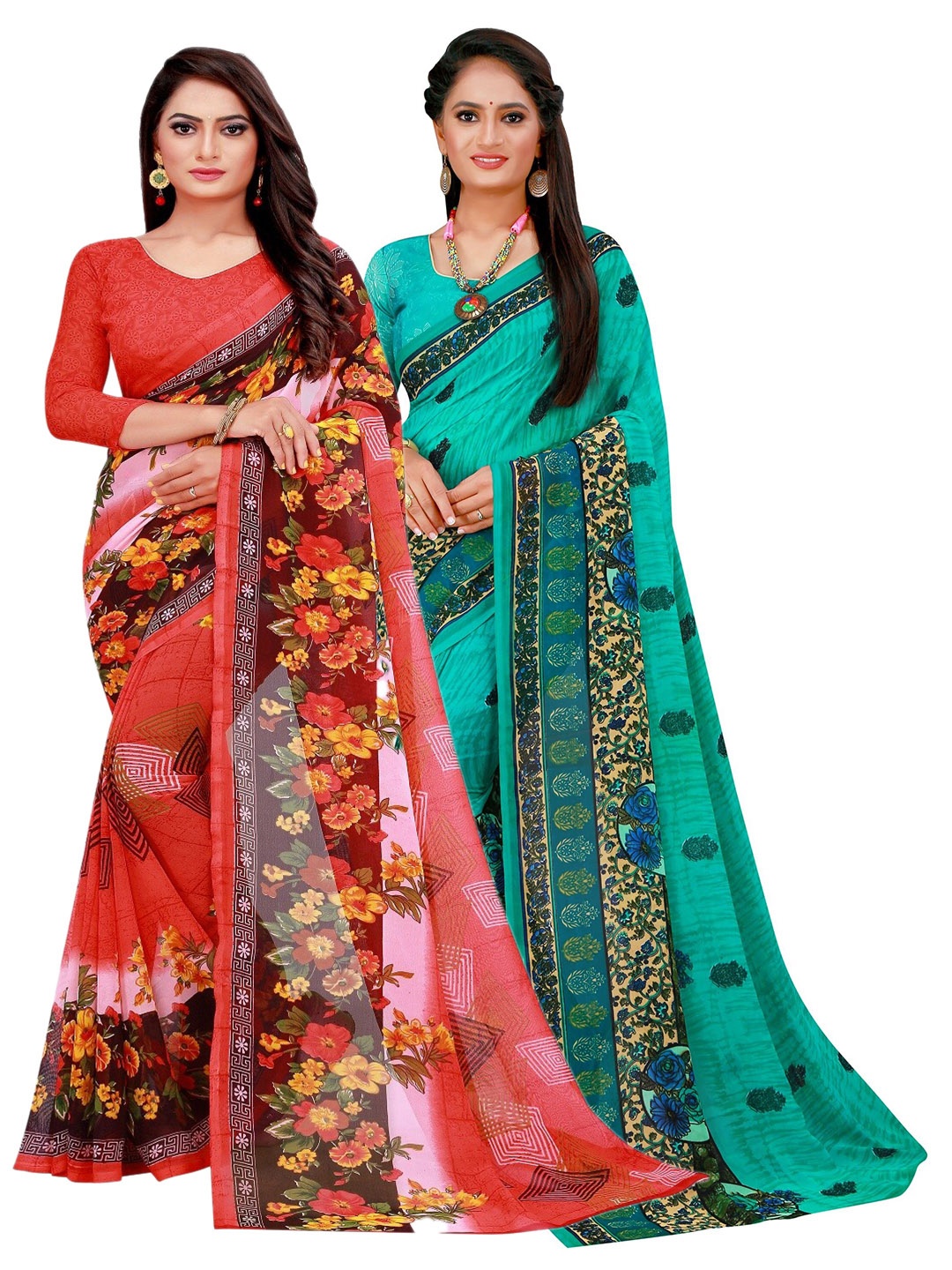 

KALINI Turquoise Blue & Red Set of 2 Printed Pure Georgette Saree